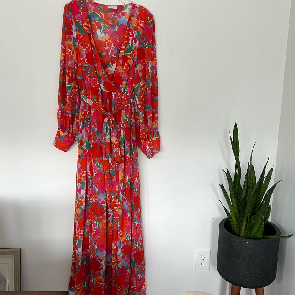 Pink Lily Vibrant Floral Maxi Dress - Red and Green